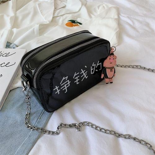 Chinese Character Small Square Bag PU Leather Chain Single Shoulder Bag Ladies Handbag Messenger Bag(Black)