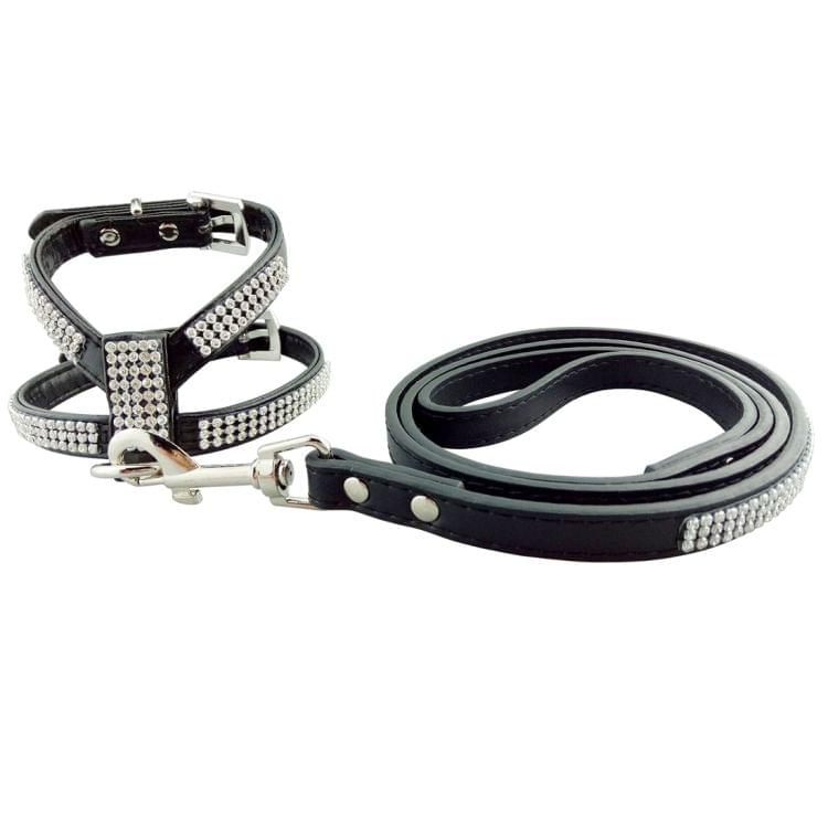 Rhinestone PU Soft Breathable Dog Harness Pet Vest Dog Chest Strap Leash Dog Collar, Size: L (Black)