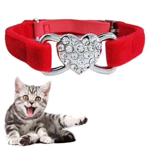Pet Cat Heart-shaped Diamond Double Layer Plush Adjustable Collar, Size:1.0*28.0cm (Red)
