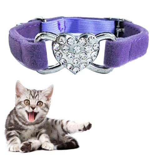 Pet Cat Heart-shaped Diamond Double Layer Plush Adjustable Collar, Size:1.0*28.0cm (Purple)