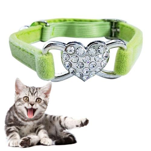 Pet Cat Heart-shaped Diamond Double Layer Plush Adjustable Collar, Size:1.0*28.0cm (Green)