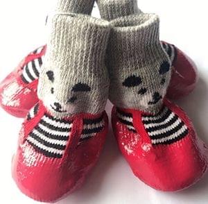 2 Pairs Cotton Rubber Pet Dog Socks Waterproof Non-slip Dog Rain Snow Boots Socks Footwear, Size:M(Red)
