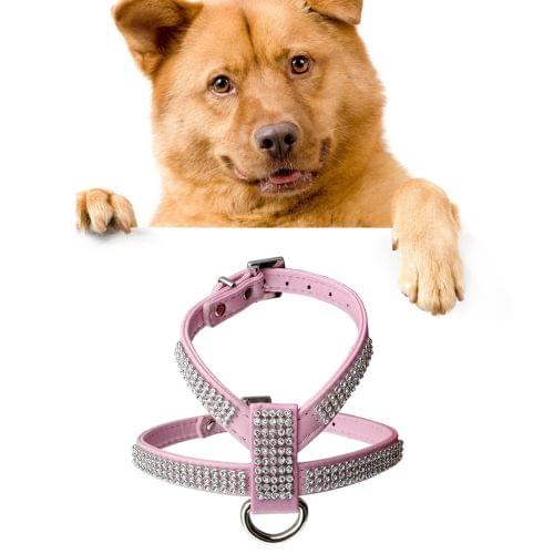 Rhinestone PU Soft Breathable Dog Harness Pet Vest Dog Chest Strap Leash Dog Collar, Size: S (Pink)