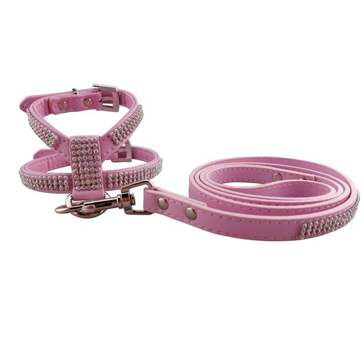 Rhinestone PU Soft Breathable Dog Harness Pet Vest Dog Chest Strap Leash Dog Collar, Size: S (Pink)