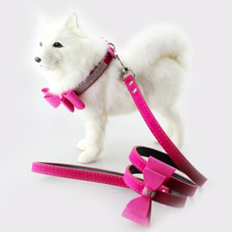 Flocking Diamond Studded Bowknot Pet Collar Dog Collar Pet Products, Size: S, 1.5 * 37cm(Magenta)