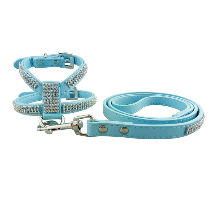 Rhinestone PU Soft Breathable Dog Harness Pet Vest Dog Chest Strap Leash Dog Collar, Size: M (Blue)