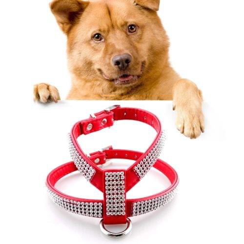 Rhinestone PU Soft Breathable Dog Harness Pet Vest Dog Chest Strap Leash Dog Collar, Size: L (Red)