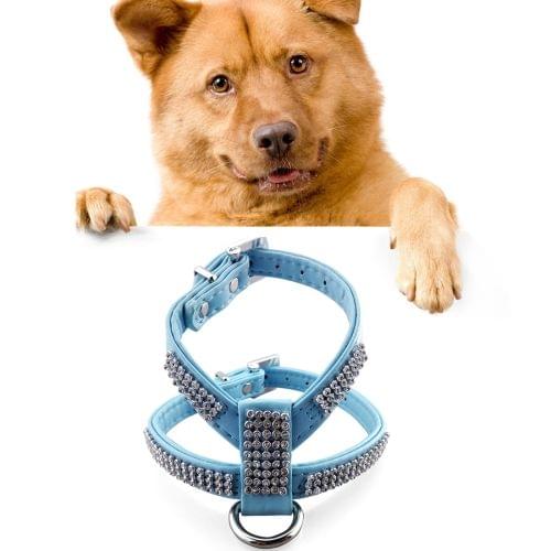 Rhinestone PU Soft Breathable Dog Harness Pet Vest Dog Chest Strap Leash Dog Collar, Size: L (Blue)