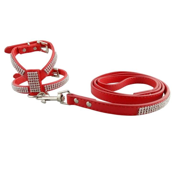 Rhinestone PU Soft Breathable Dog Harness Pet Vest Dog Chest Strap Leash Dog Collar, Size: XS(Red)