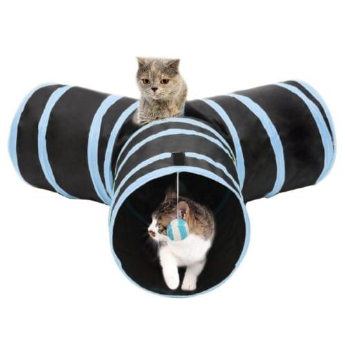 Foldable 3 Exits Exercising Cat Tunnel with A Hanging Ball(Blue)