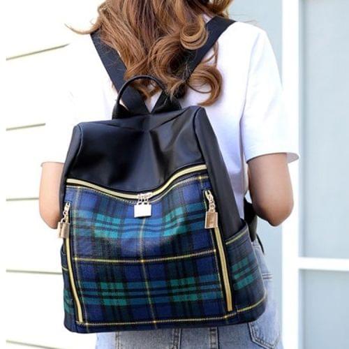 Retro Plaid PU Leather Double Shoulders School Bag Travel Backpack Bag (Blue)