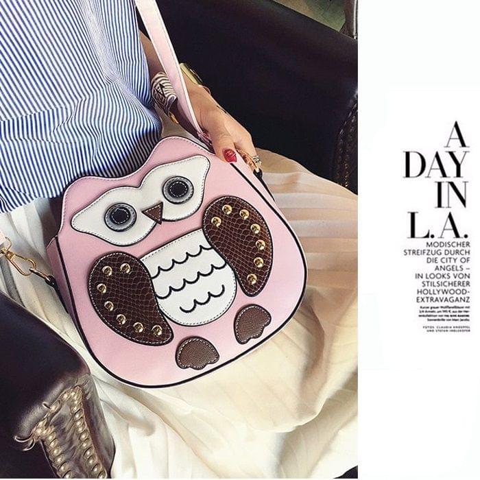 Owl PU Leather Single Double Shoulders Bag Ladies Handbag Messenger Bag (Pink)