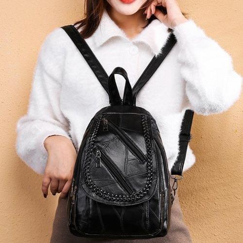 Soft PU Leather Double Shoulders School Bag Travel Backpack Bag (Black)