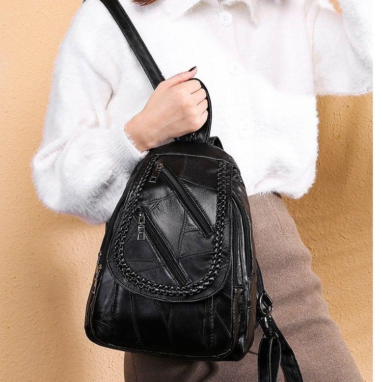 Soft PU Leather Double Shoulders School Bag Travel Backpack Bag (Black)