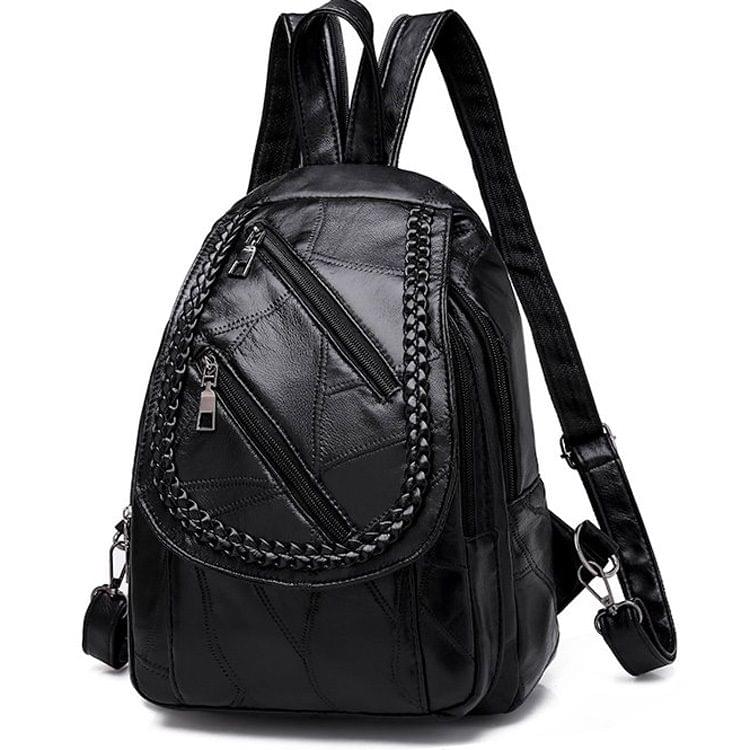 Soft PU Leather Double Shoulders School Bag Travel Backpack Bag (Black)
