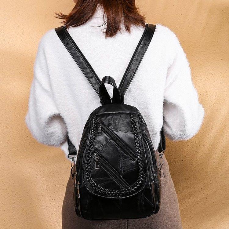 Soft PU Leather Double Shoulders School Bag Travel Backpack Bag (Black)