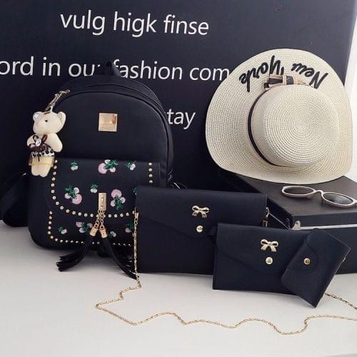 4 in 1 Embroidery Dandelion PU Leather Double Shoulders School Bag Travel Backpack Bag with Bear Doll Pendant (Black)