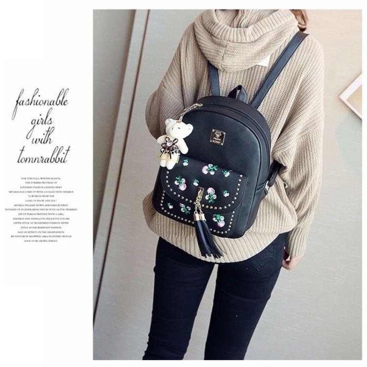 4 in 1 Embroidery Dandelion PU Leather Double Shoulders School Bag Travel Backpack Bag with Bear Doll Pendant (Black)