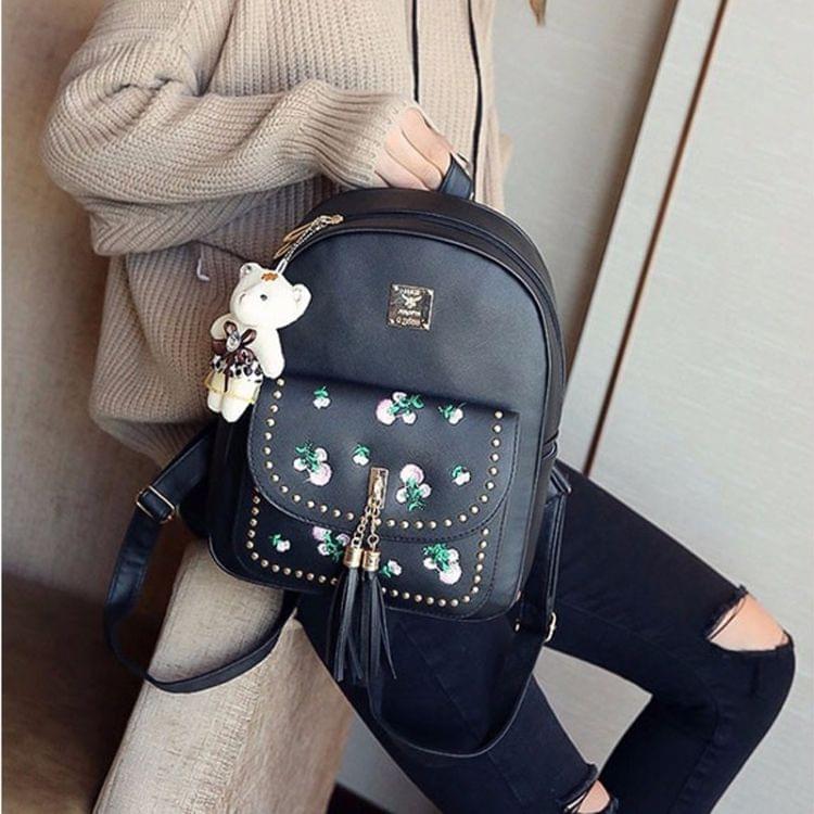 4 in 1 Embroidery Dandelion PU Leather Double Shoulders School Bag Travel Backpack Bag with Bear Doll Pendant (Black)