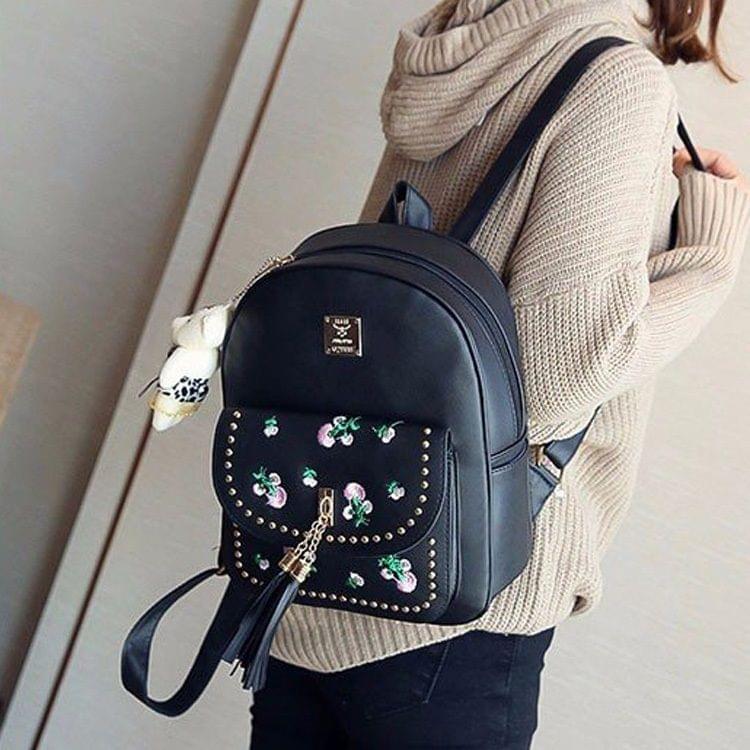 4 in 1 Embroidery Dandelion PU Leather Double Shoulders School Bag Travel Backpack Bag with Bear Doll Pendant (Black)