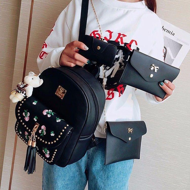 4 in 1 Embroidery Dandelion PU Leather Double Shoulders School Bag Travel Backpack Bag with Bear Doll Pendant (Black)