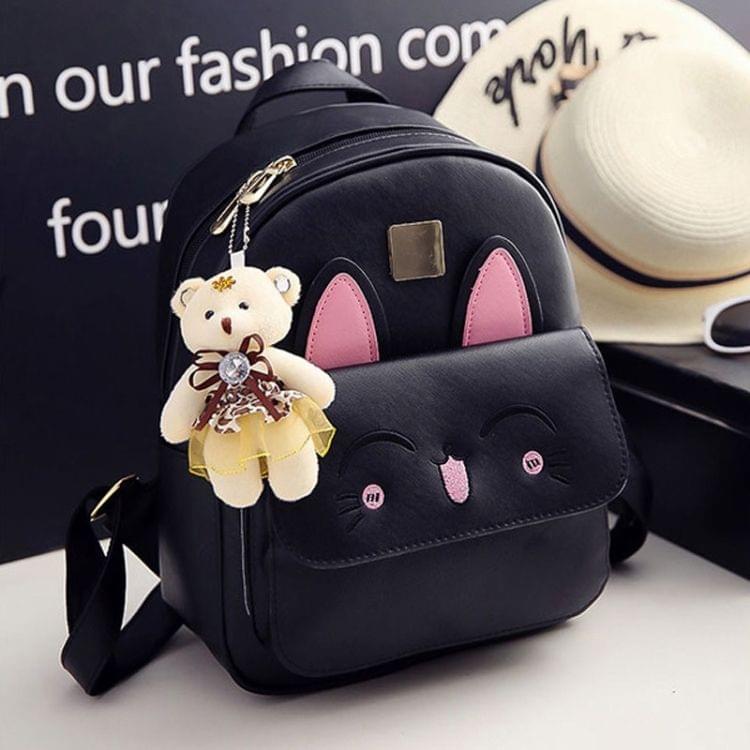 4 in 1 Rabbit pattern PU Leather Double Shoulders School Bag Travel Backpack Bag with Bear Doll Pendant (Black)