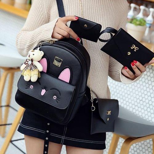 4 in 1 Rabbit pattern PU Leather Double Shoulders School Bag Travel Backpack Bag with Bear Doll Pendant (Black)
