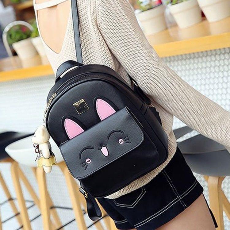 4 in 1 Rabbit pattern PU Leather Double Shoulders School Bag Travel Backpack Bag with Bear Doll Pendant (Black)