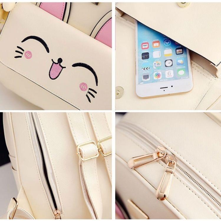 4 in 1 Rabbit pattern PU Leather Double Shoulders School Bag Travel Backpack Bag with Bear Doll Pendant (Black)