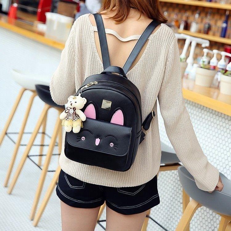 4 in 1 Rabbit pattern PU Leather Double Shoulders School Bag Travel Backpack Bag with Bear Doll Pendant (Black)