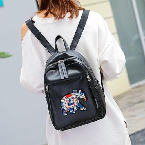 Elephant Embroidery Pattern Soft Surface Double Shoulder Bag Ladies Handbag Messenger Bag (Black)