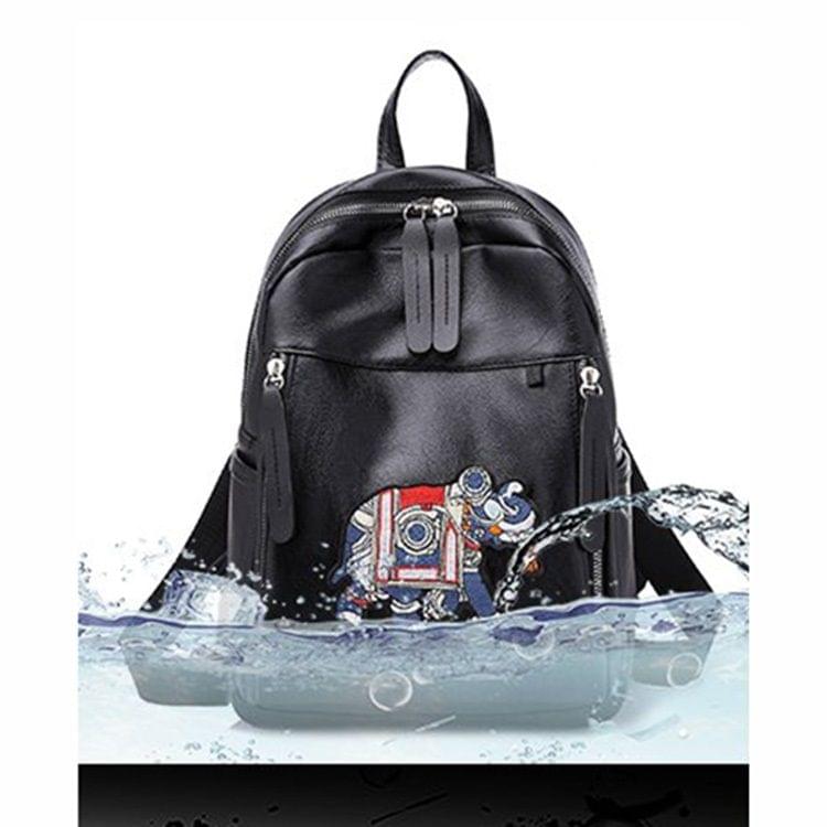 Elephant Embroidery Pattern Soft Surface Double Shoulder Bag Ladies Handbag Messenger Bag (Black)
