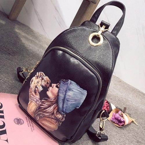 Rabbit Pattern Multi-function Leisure Fashion PU Leather Double Shoulders Bag Backpack (Black)