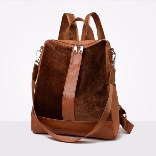 Fashion PU+ Suede School Backpack Casual Handbag Shoulder Bag(Dark Brown)