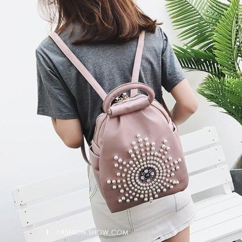 Pearl Sun PU Leather Double Shoulders School Bag Travel Backpack Bag (Dark Pink)