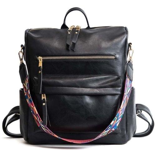 Multifunction Travel Bags Students Leather Bag Large Backpack(Black)