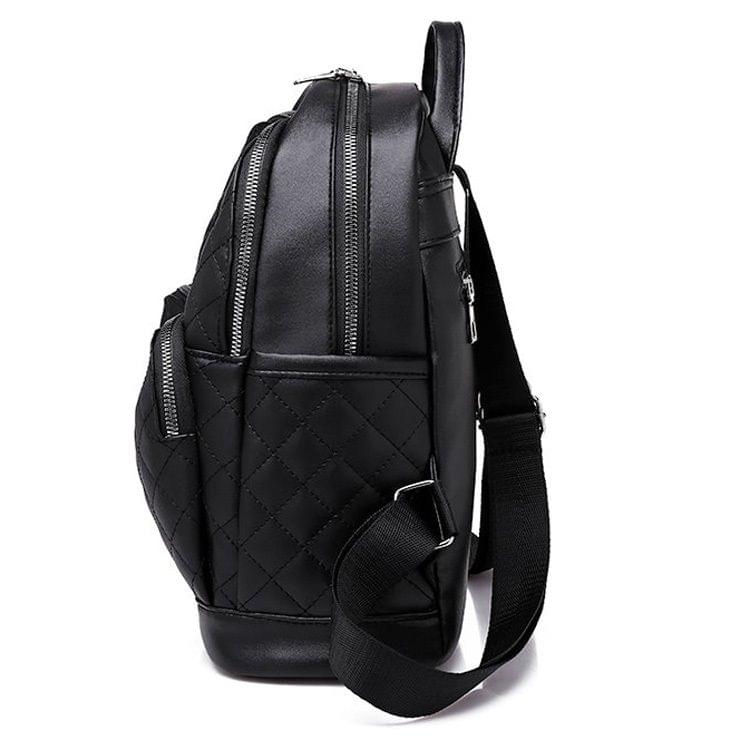 Rhombus Texture Soft PU Leather Double Shoulders School Bag Travel Backpack Bag (Silver)