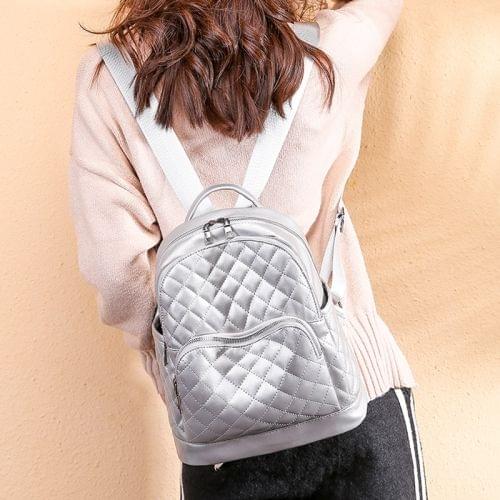 Rhombus Texture Soft PU Leather Double Shoulders School Bag Travel Backpack Bag (Silver)