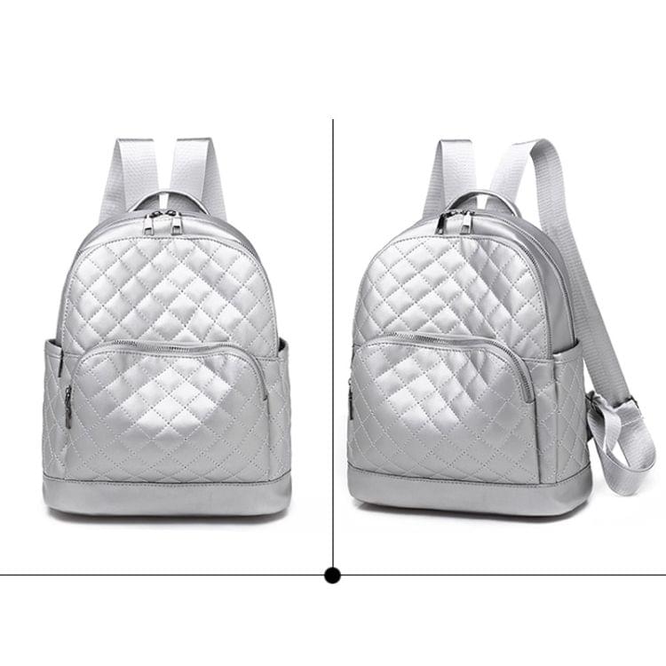 Rhombus Texture Soft PU Leather Double Shoulders School Bag Travel Backpack Bag (Silver)