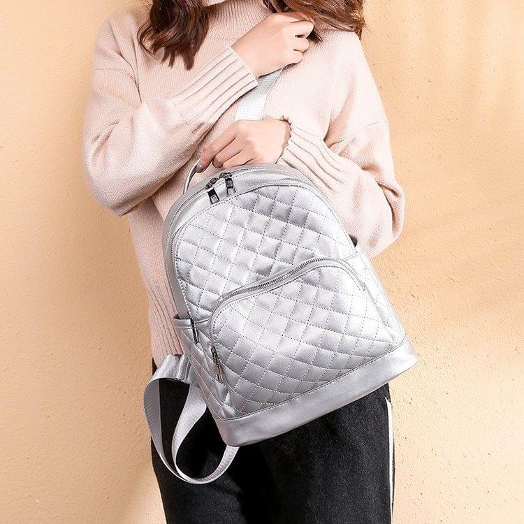 Rhombus Texture Soft PU Leather Double Shoulders School Bag Travel Backpack Bag (Silver)