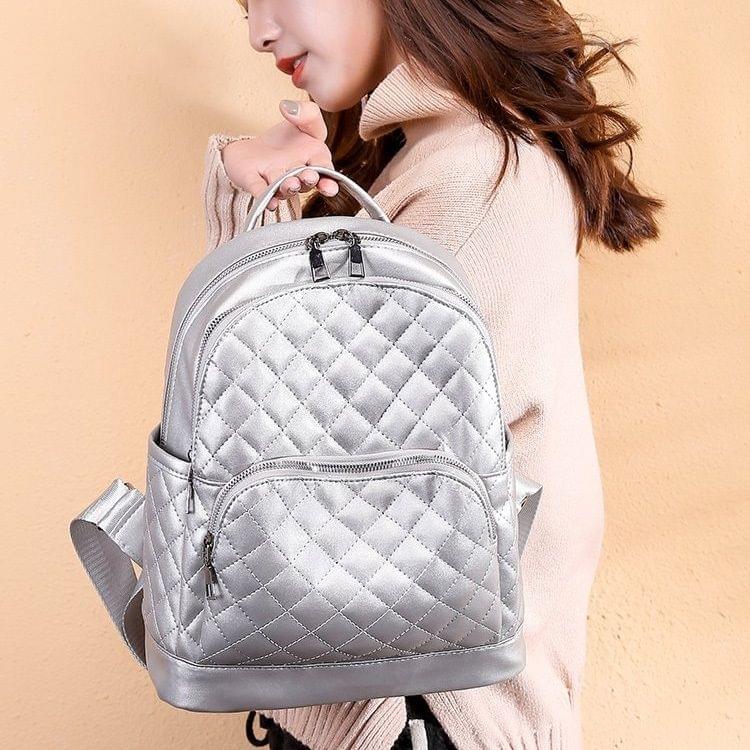 Rhombus Texture Soft PU Leather Double Shoulders School Bag Travel Backpack Bag (Silver)