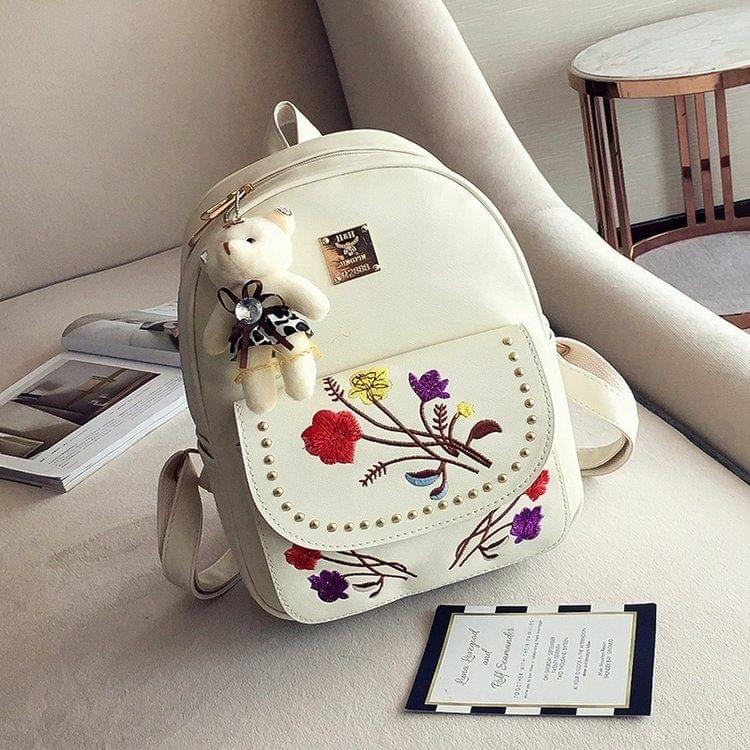 4 in 1 Embroidery Flowers PU Leather Double Shoulders School Bag Travel Backpack Bag with Bear Doll Pendant (White)