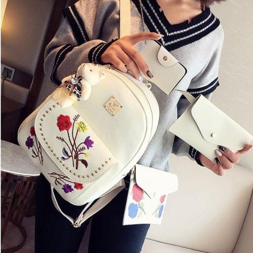 4 in 1 Embroidery Flowers PU Leather Double Shoulders School Bag Travel Backpack Bag with Bear Doll Pendant (White)