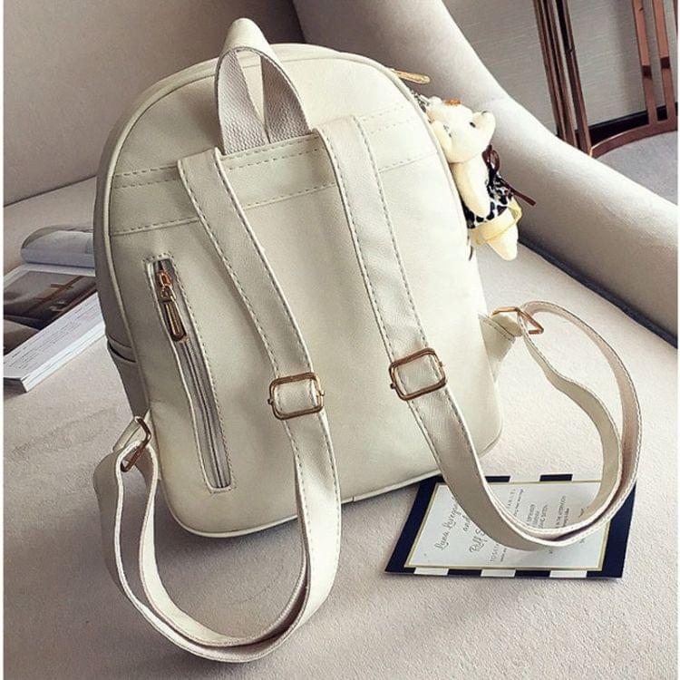 4 in 1 Embroidery Flowers PU Leather Double Shoulders School Bag Travel Backpack Bag with Bear Doll Pendant (White)