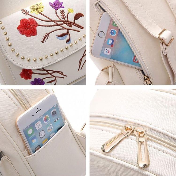 4 in 1 Embroidery Flowers PU Leather Double Shoulders School Bag Travel Backpack Bag with Bear Doll Pendant (White)