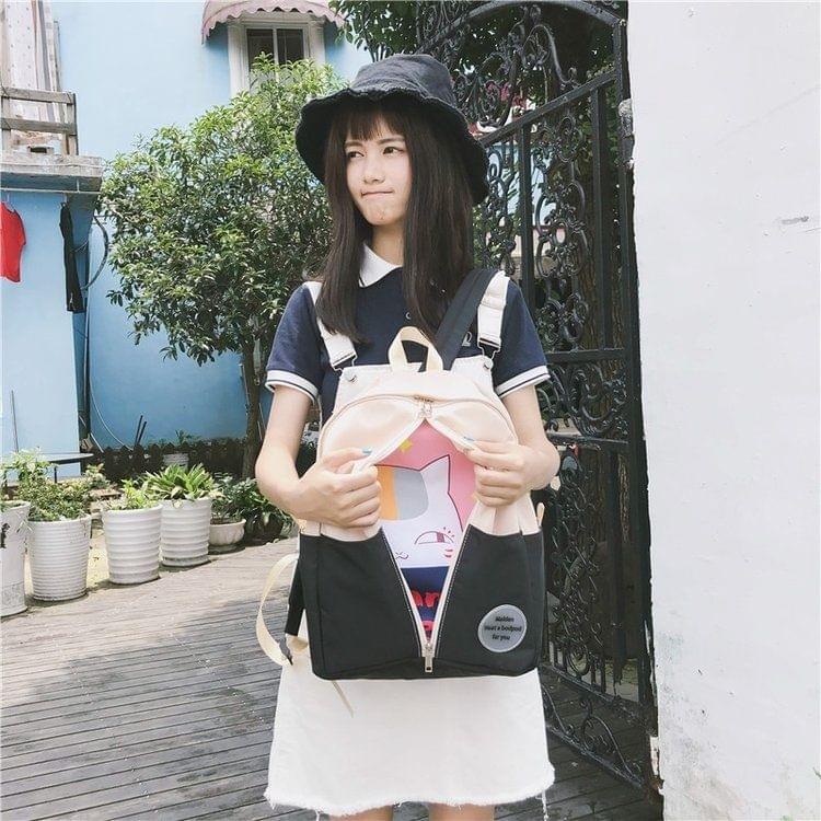 Middle Zipper Design Double Shoulders School Bag Travel Backpack Bag (Black)