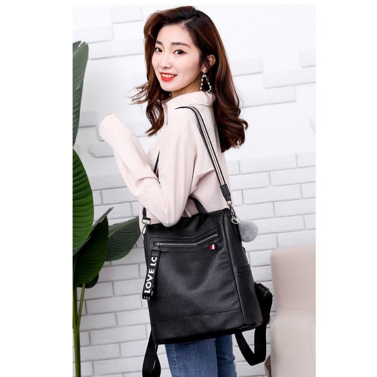 Casual Anti-theft Shoulder Backpack Ladies Messenger Bag with Plush Ball (Black)