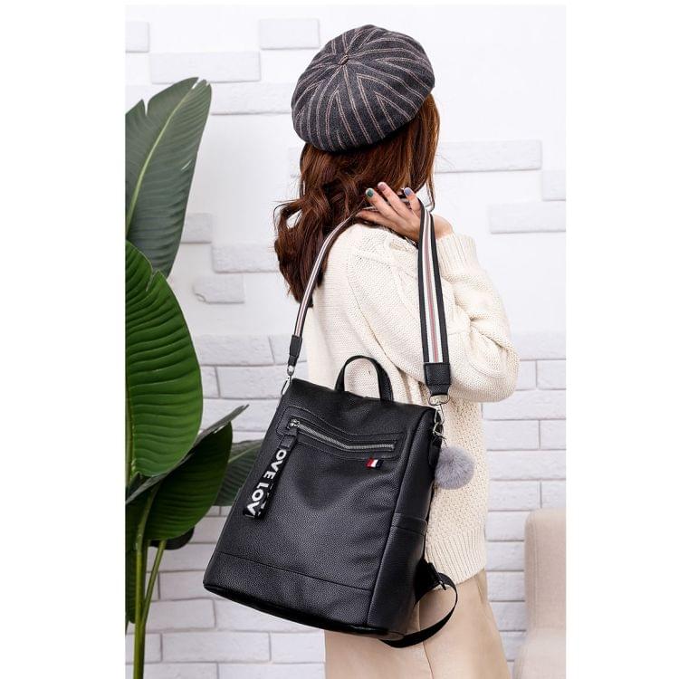 Casual Anti-theft Shoulder Backpack Ladies Messenger Bag with Plush Ball (Black)