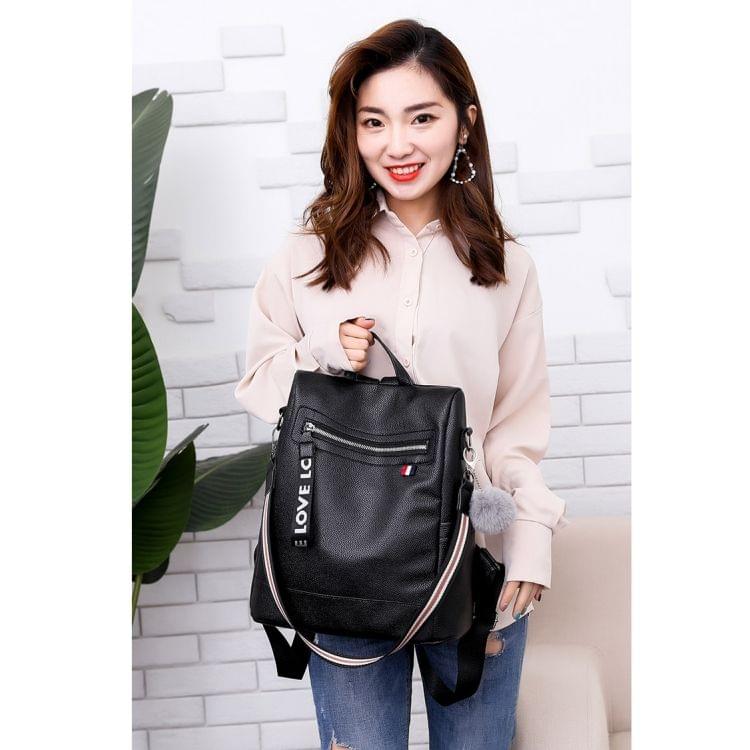Casual Anti-theft Shoulder Backpack Ladies Messenger Bag with Plush Ball (Black)