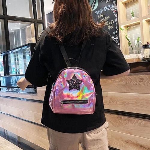 Star Glitter Laser Color PU Leather Double Shoulders Bag Ladies Handbag Backpack Bag (Pink)